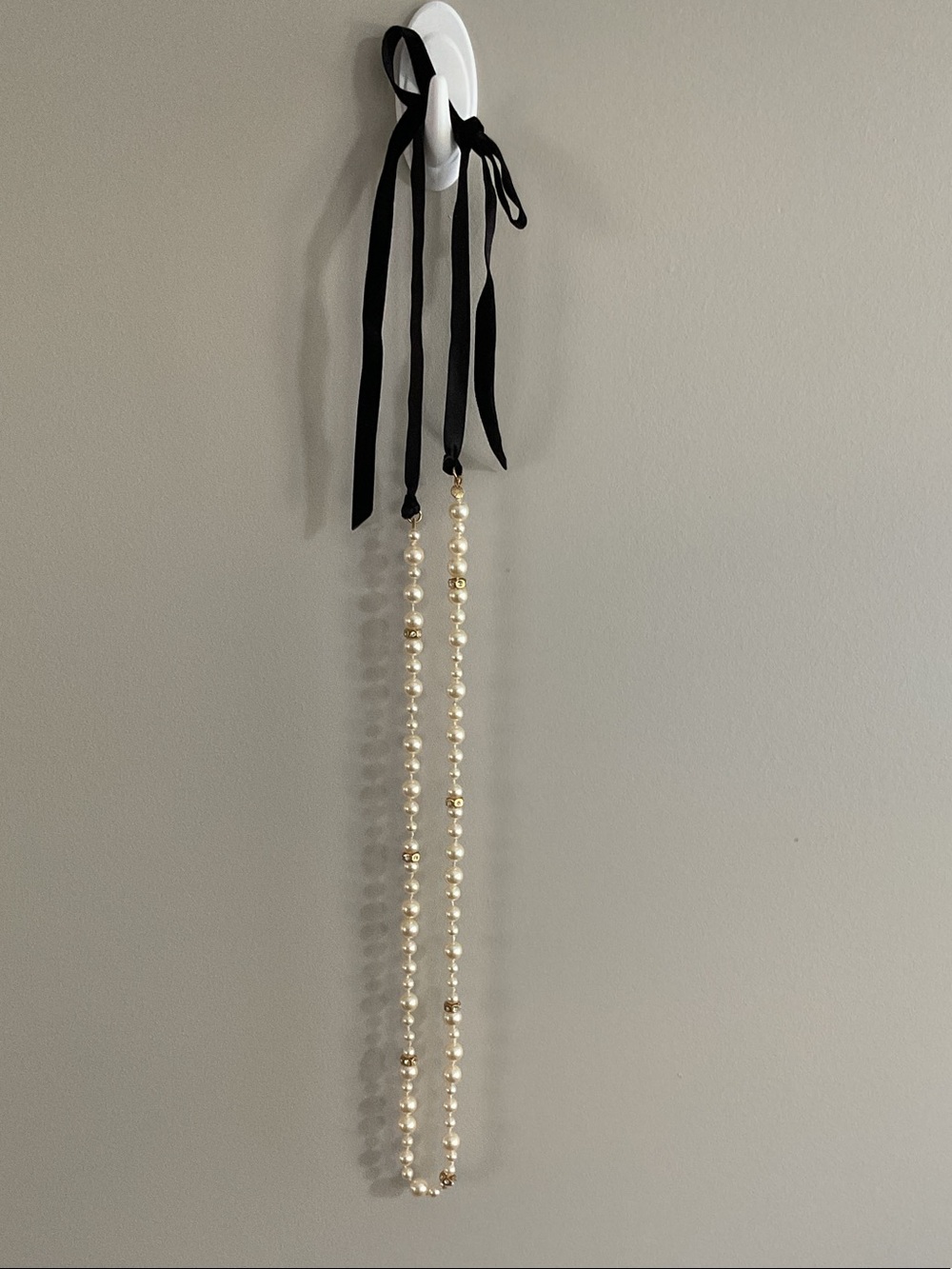 J.Crew Faux Pearl Ribbon Necklace Black Satin Bow Statement Necklace